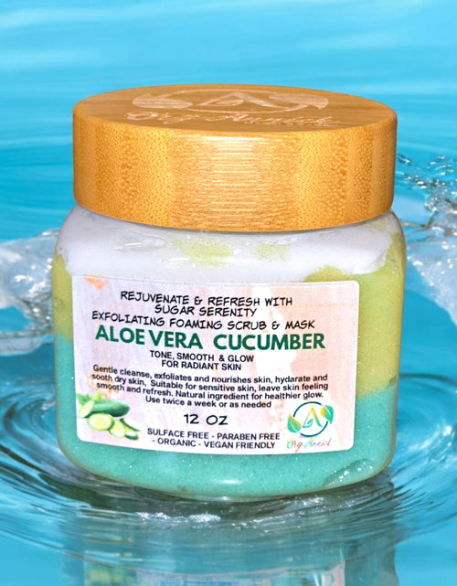 Load image into Gallery viewer, OrgAnnick Aloe &amp; Cucumber Sugar Scrub &amp; Face Mask - Natural Exfoliator for Toning, Hydrating &amp; Smoothing Skin wit Pure Aloe Vera Gel. Gentle, Non-Comedogenic for Sensitive Skin - 12 oz
