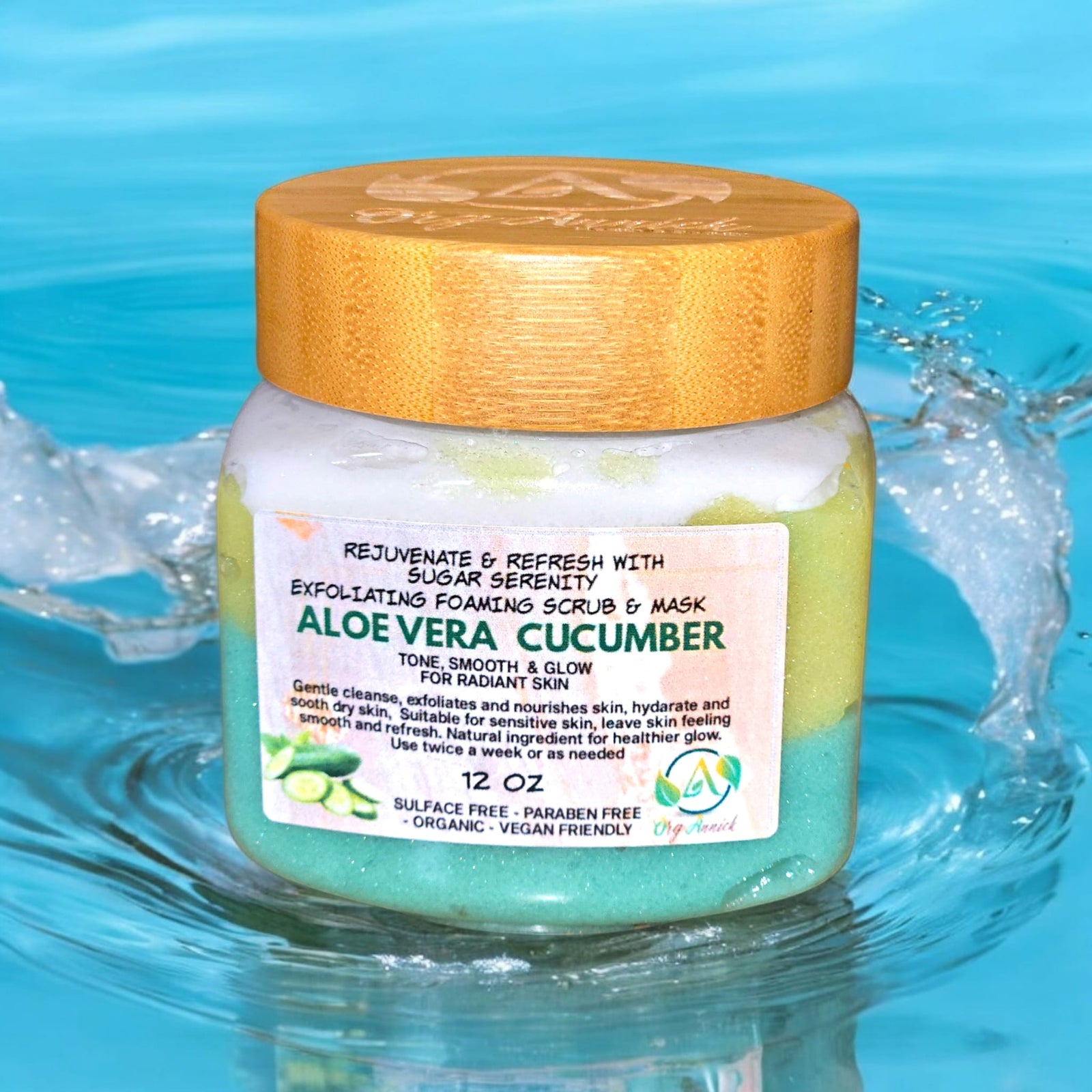 OrgAnnick Aloe & Cucumber Sugar Scrub & Face Mask - Natural Exfoliator for Toning, Hydrating & Smoothing Skin wit Pure Aloe Vera Gel. Gentle, Non-Comedogenic for Sensitive Skin - 12 oz